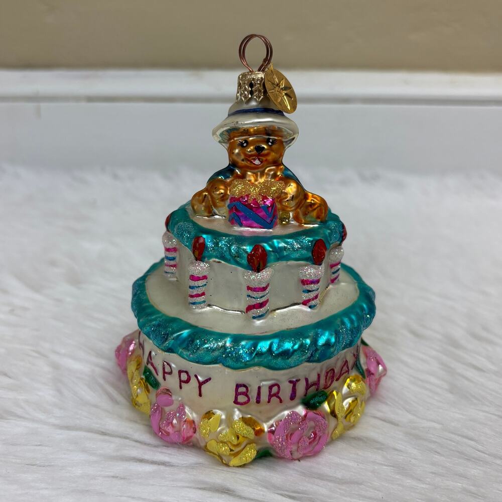 Christopher Radko Birthday Bear Cake Hand-Blown Glass Ornament